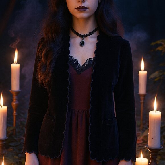 Vintage Black Velvet Blazer Size 10 Dark Academia Goth Scalloped Trim Act lll - Picture 9 of 9